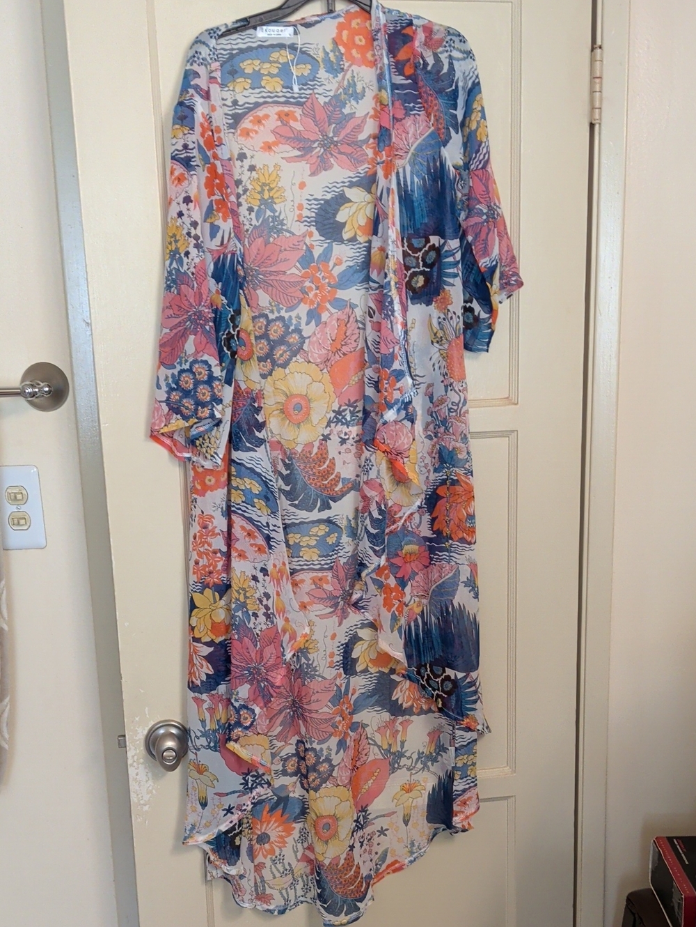 Sheer Floral Maxi Swim Coverup Kimono - Multicolor
